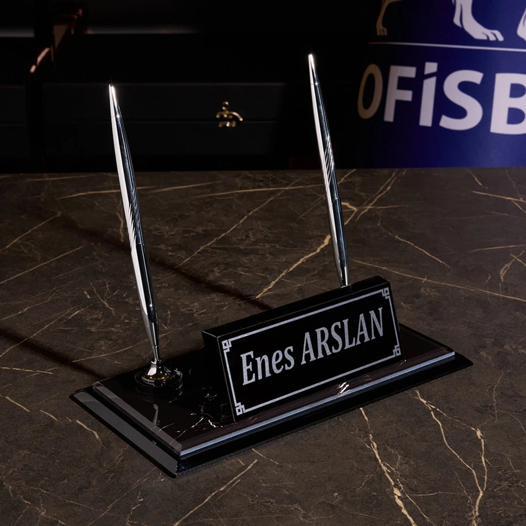 ZB Siyah Kristal Masa İsimliği - Gümüş Detaylı Lüks Ofis İsimliği