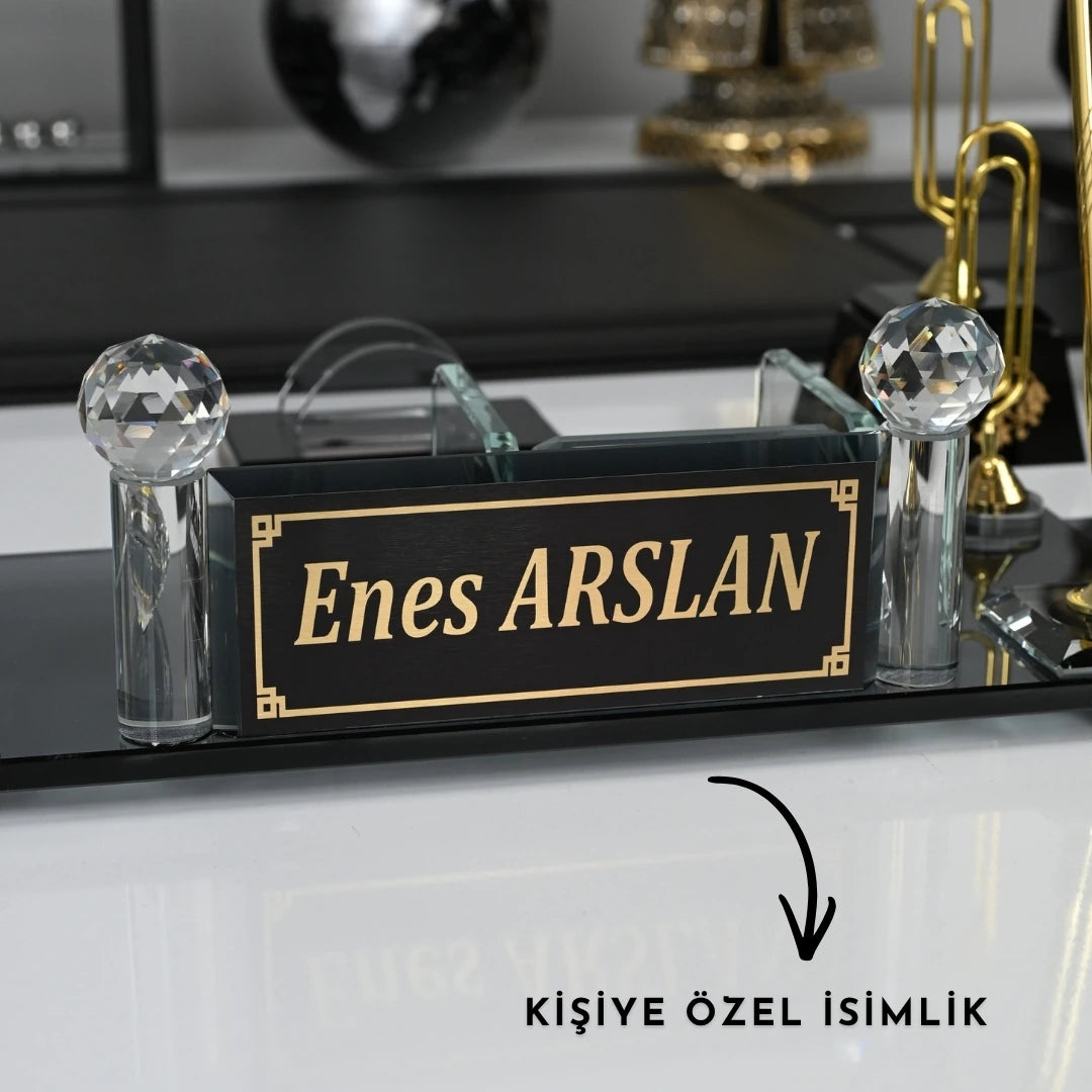 22 Parça Siyah Kristal Sümen Takımı ve Masa İsimliği Seti - Altın Detaylı