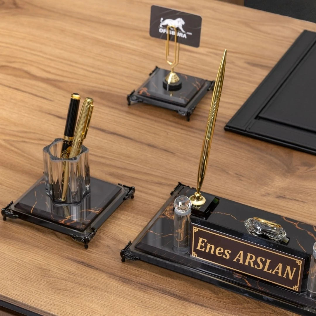 Negro 7 Parça Premium Kristal Sümen Takımı - Kişiye Özel Masa Üstü İsimlik Seti