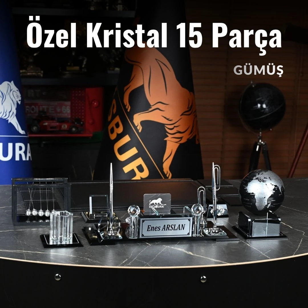 15 Parça Kristal Sümen Takımı ve Masa İsimliği Seti - Büyük Boy İsimlik Gümüş Detay Aksesuarlı