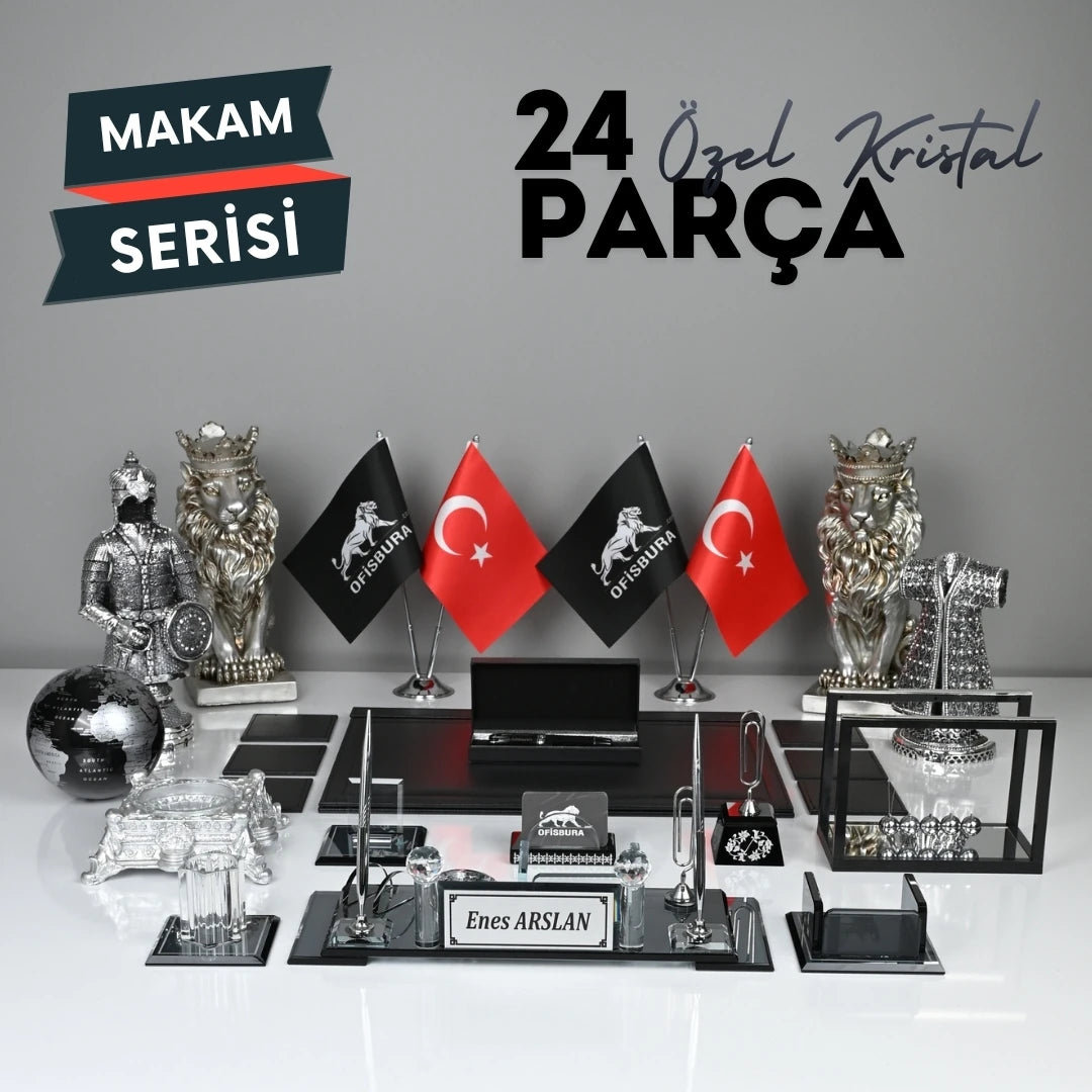 24 Parça Kristal Sümen Takımı ve Masa İsimliği Seti - Gümüş Detaylı