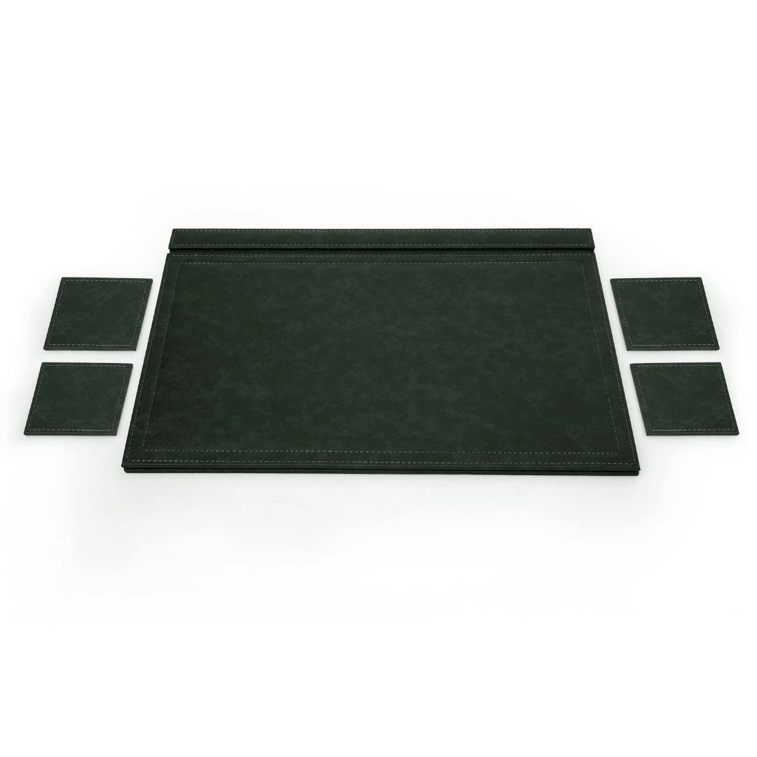 Kapaklı Büyük Deri Sümen Takımı - Yeşil | 50x35 cm  ( 4 Adet Bardak Altlığı Hediyeli )