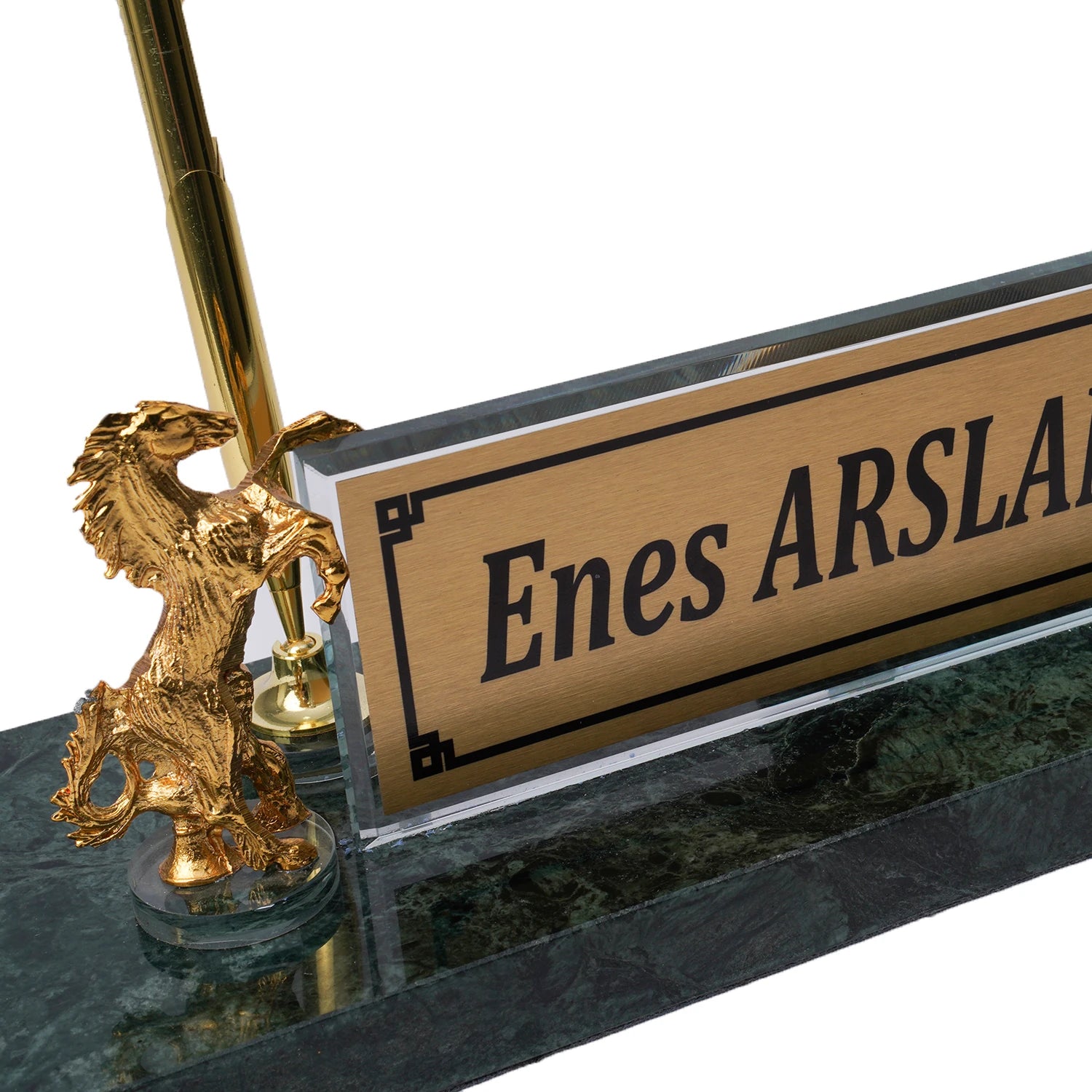 Şahlanan At Zümrüt Mermer Masa İsimliği - Kişiye Özel Lüks Ofis Seti