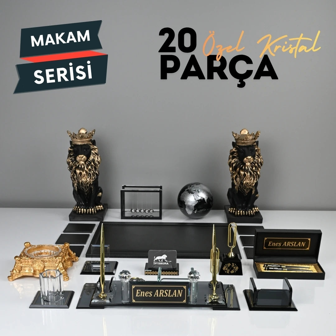 20 Parça Siyah Kristal Sümen Takımı ve Masa İsimliği Seti - Altın Detaylı