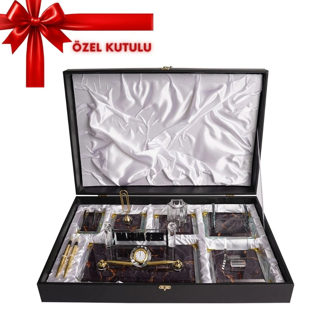 Elegance 6 Parça Kristal Sümen Takımı ve Masa İsimliği Seti - Lüks Deri Kutulu