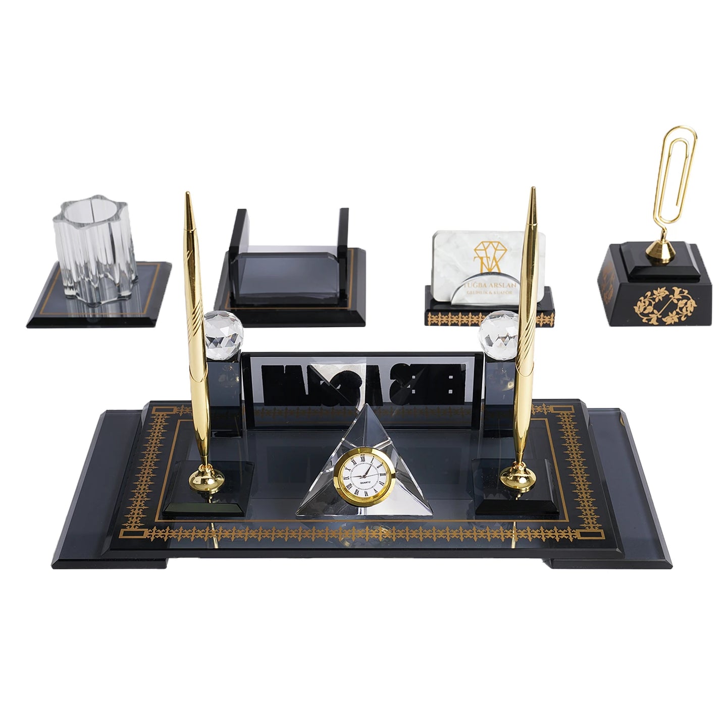 Diamond Kristal Masa İsimliği Seti – 5 Parça Lüks Ofis Masaüstü Sümen Takımı ( Özel Kutulu )