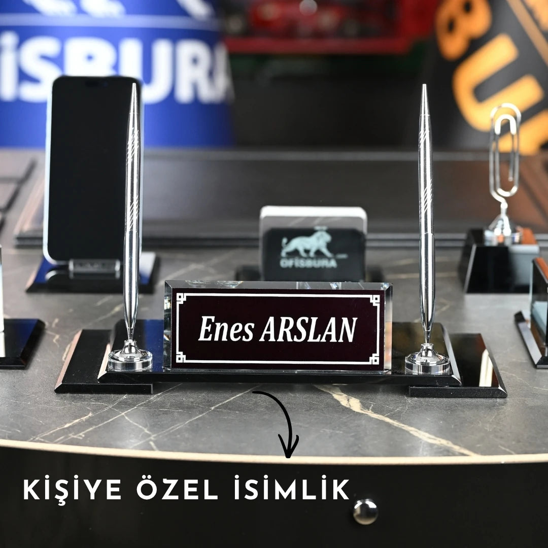 VIP 13 Parça Kristal Siyah Sümen Takımı - Kişiye Özel Masaüstü İsimlik Seti