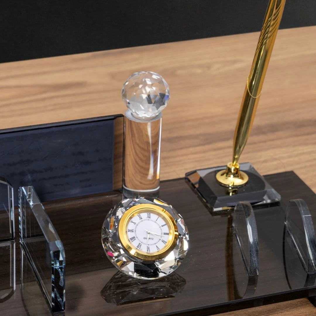 Klasik Altın Premium Kristal Sümen Takımı ve Masaüstü İsimlik Seti (9 Parça)