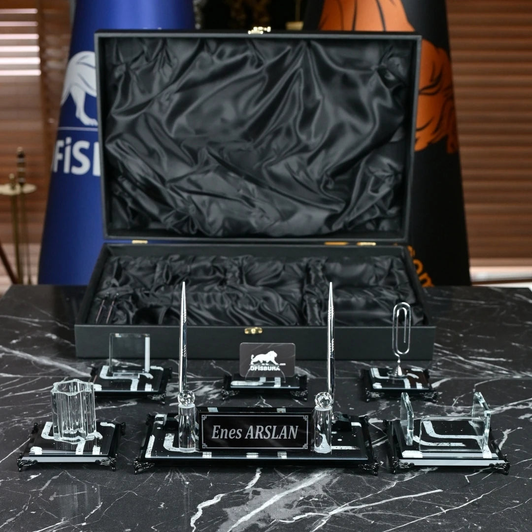 Piano Black 6 Parça Kristal Sümen Takımı - Kişiye Özel Masa Üstü İsimlik Seti Özel Deri Kutulu