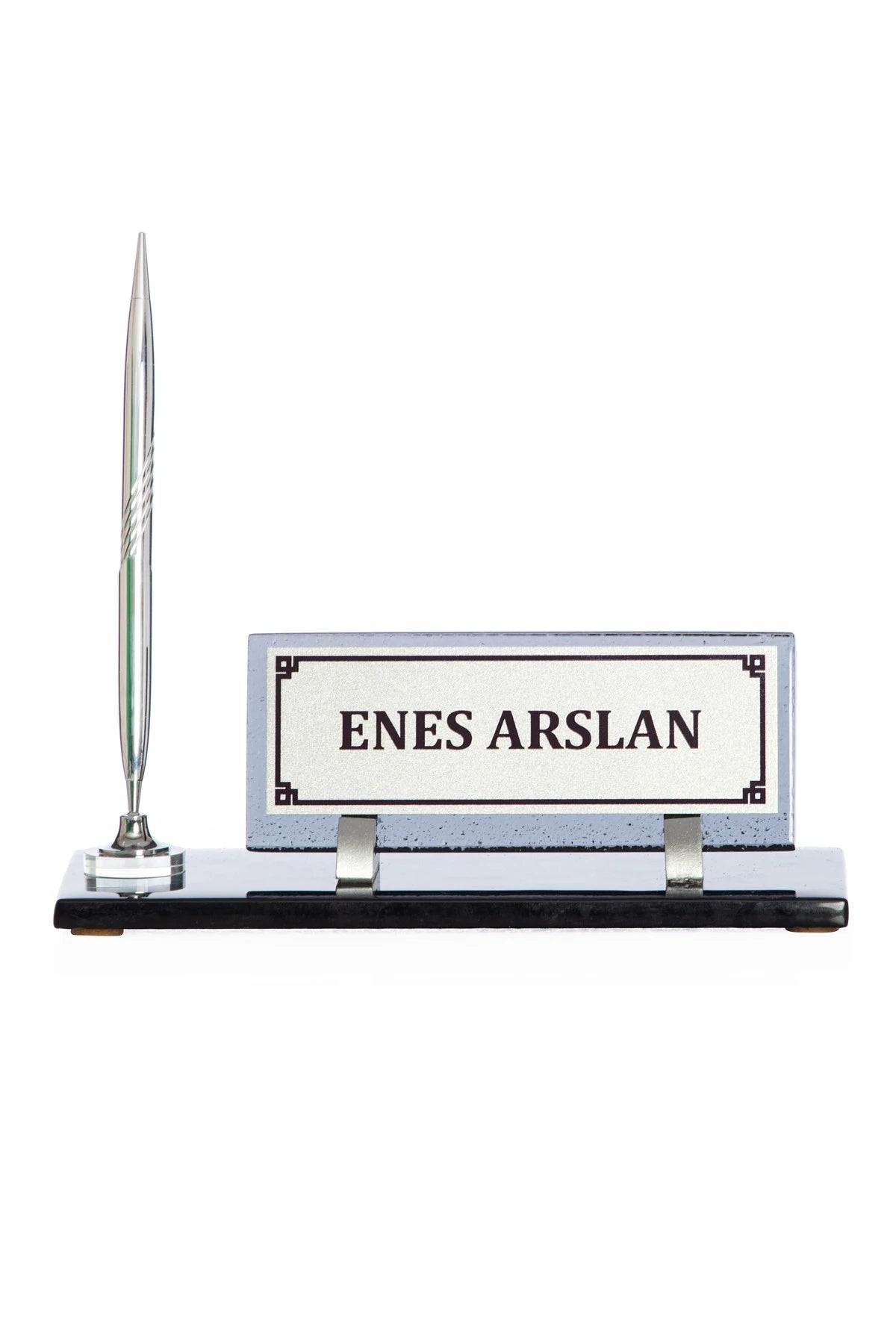 Kristal Cam Tek Kalemli Gümüş Masa İsimliği - Masa Üstü Ofis İsimlik