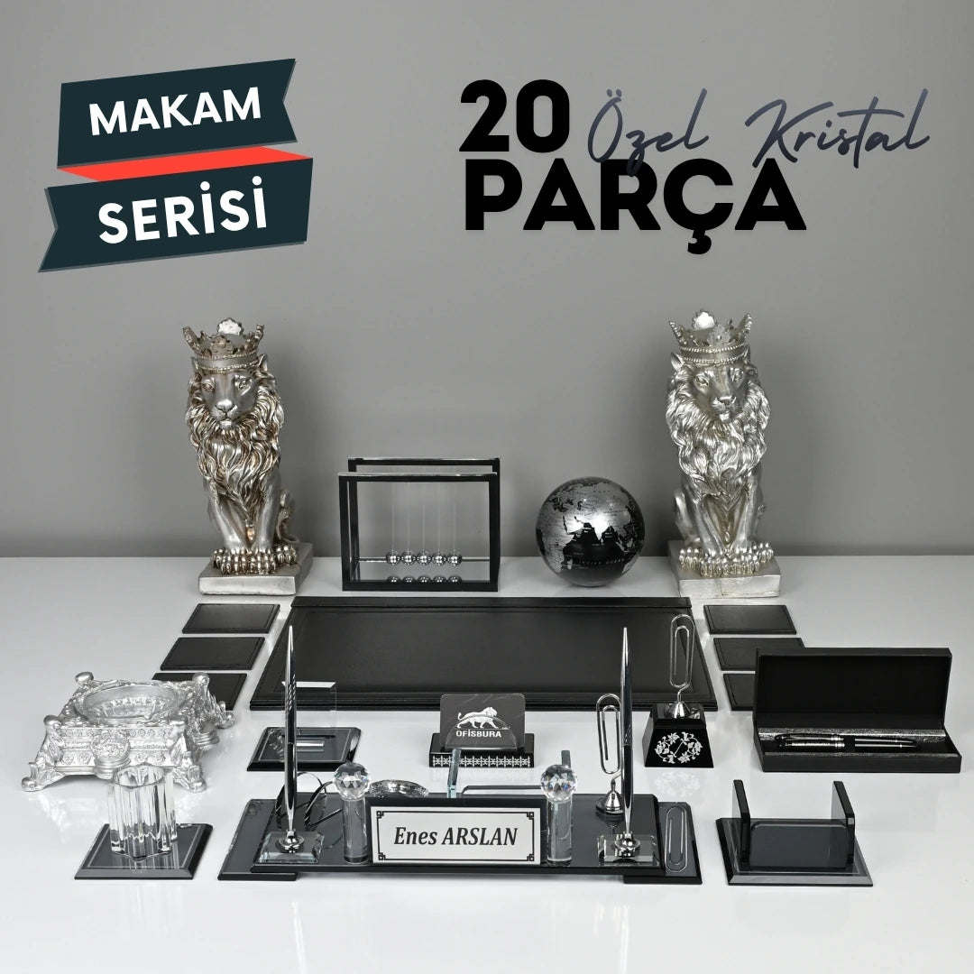 20 Parça Siyah Kristal Sümen Takımı ve Masa İsimliği Seti - Gümüş Detaylı