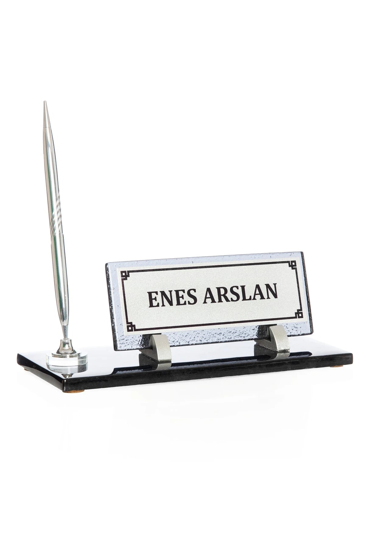 Kristal Cam Tek Kalemli Gümüş Masa İsimliği - Masa Üstü Ofis İsimlik