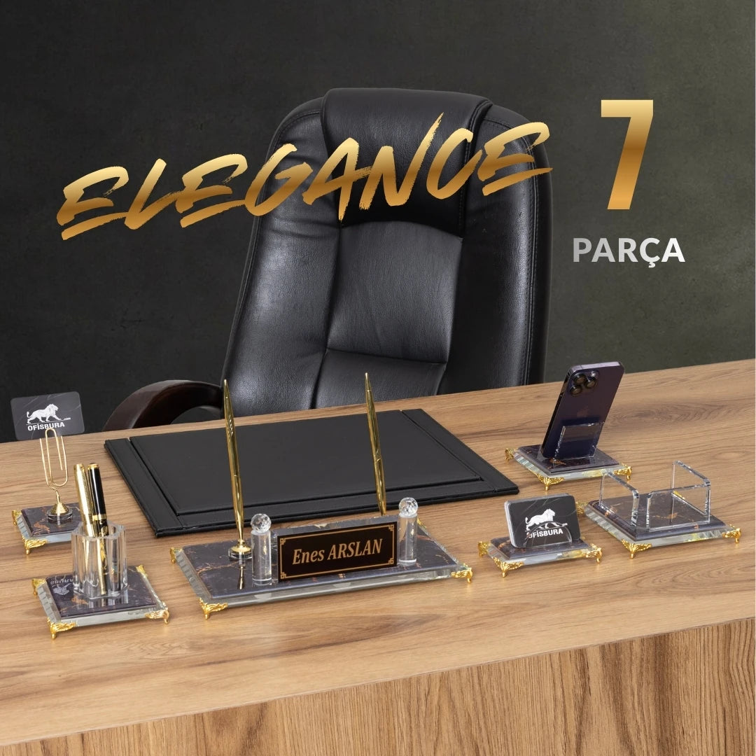 Elegance 7 Parça Kristal Makam Sümen Takımı ve Masaüstü İsimlik Seti