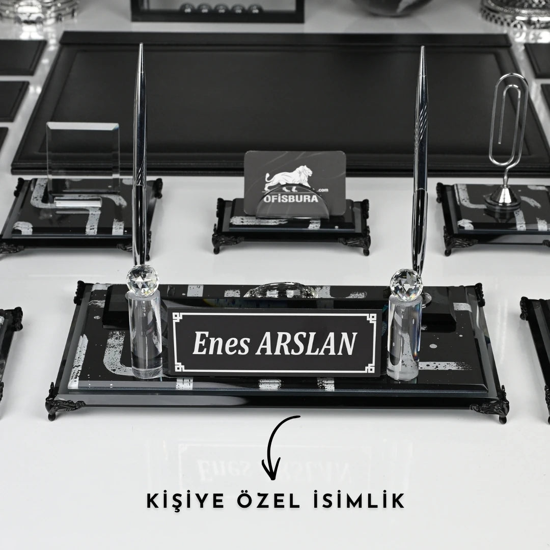 Piano Black 20 Parça Premium Kristal Sümen Takımı - Kişiye Özel Masa Üstü İsimlik Seti