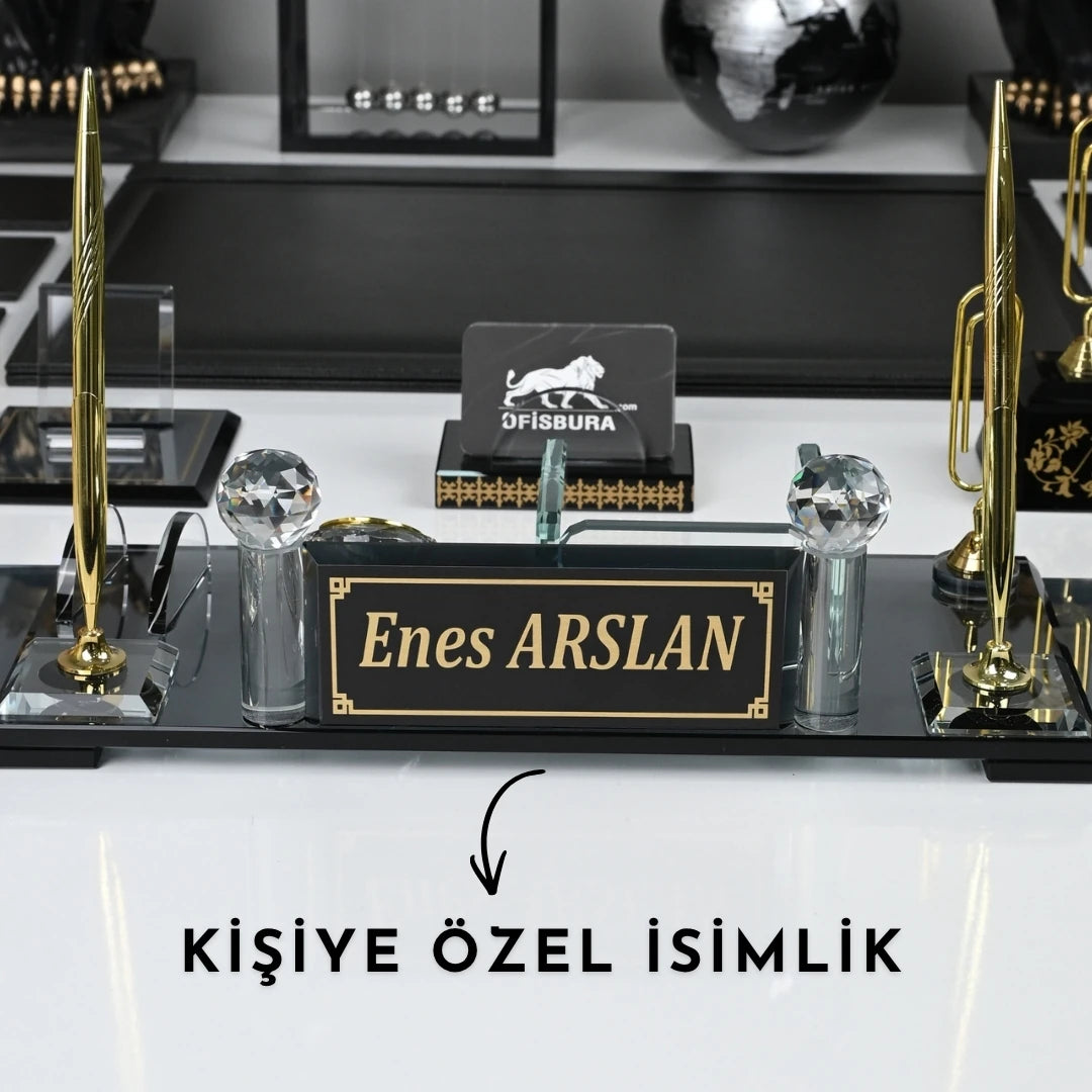 20 Parça Siyah Kristal Sümen Takımı ve Masa İsimliği Seti - Altın Detaylı