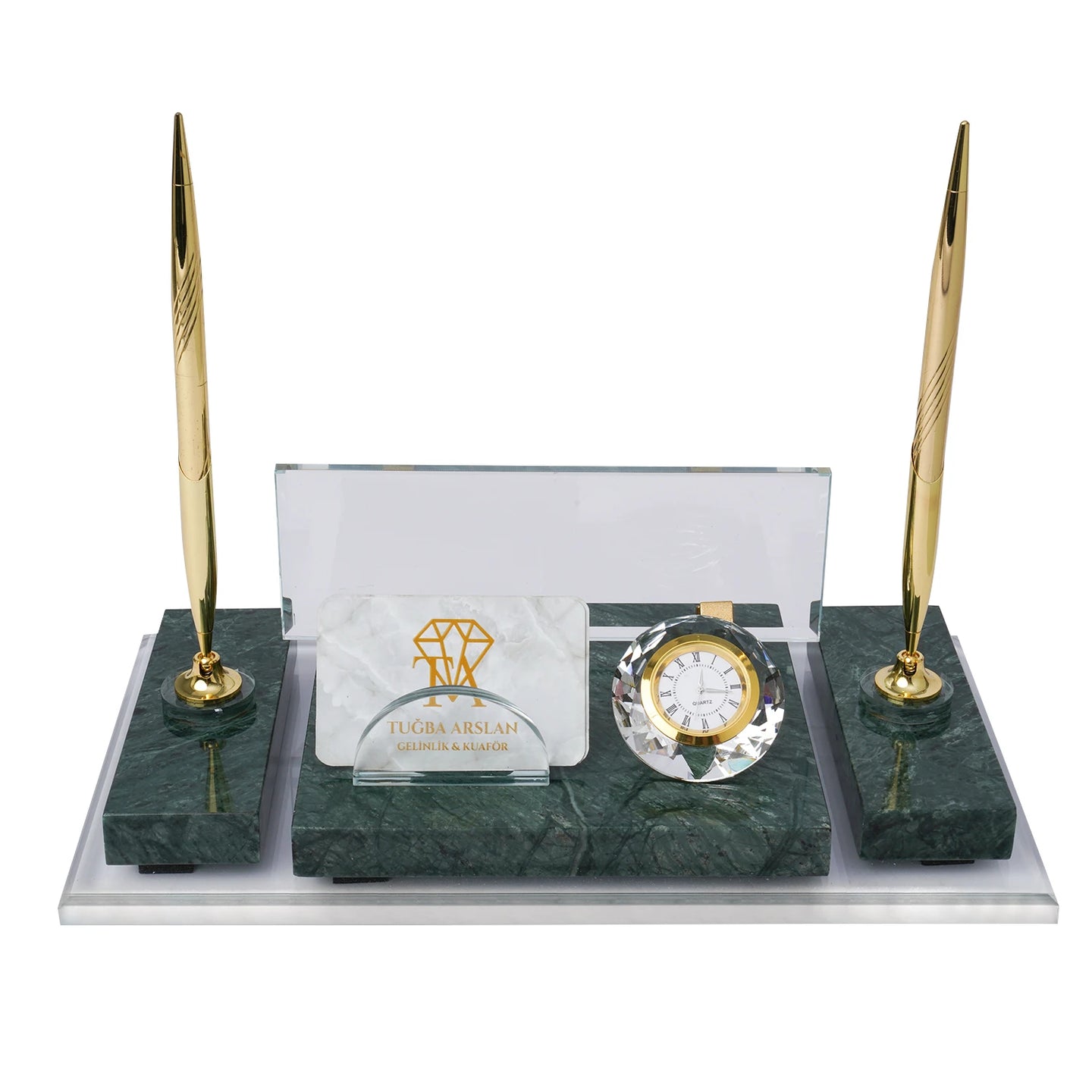 Efes Zümrüt Yeşil Mermer Masa İsimliği | Altın Aksesuarlı Lüks Set - 30 × 16 Cm