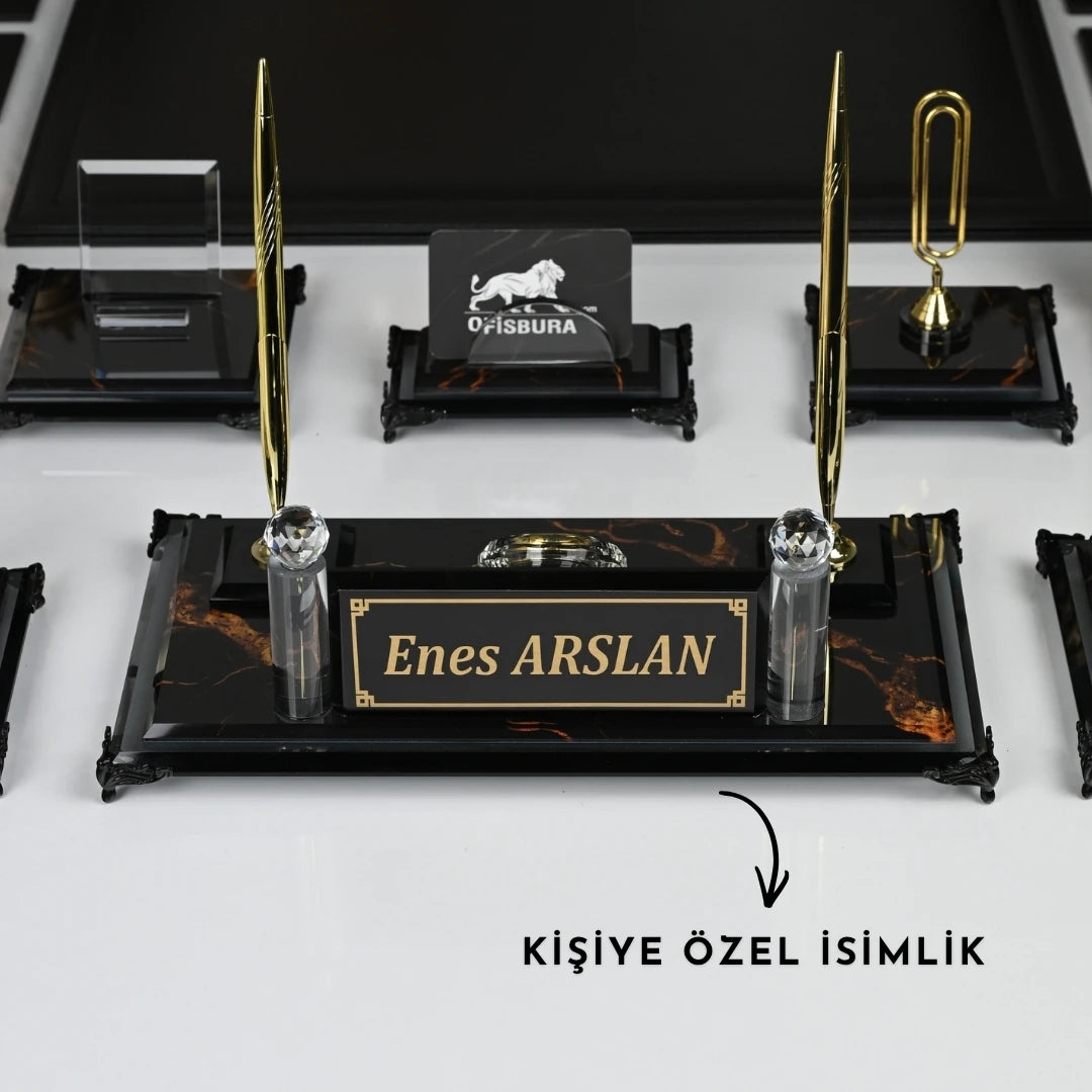 Negro | Premium Kristal Masa Üstü İsimlik Seti - 20 Parça -  Lüks Ofis Masaüstü Sümen Takımı