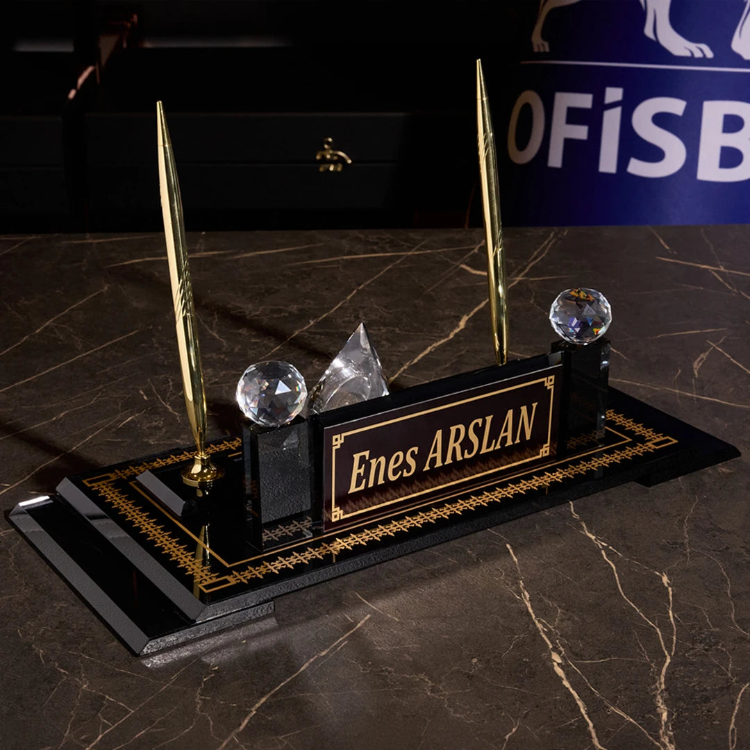 Diamond Kristal Masa İsimliği Masaüstü İsimlik Seti - Siyah Cam Altın
