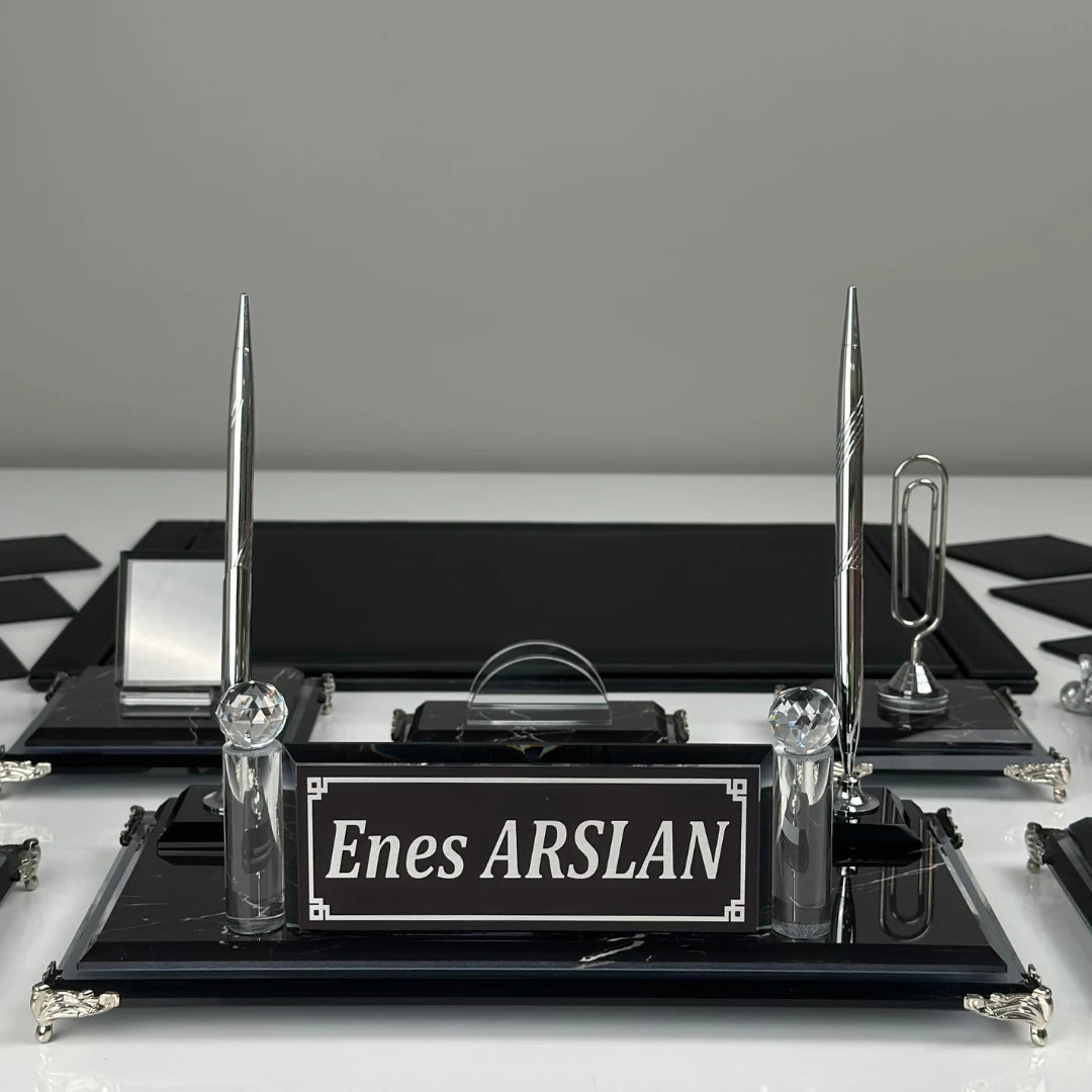 Zebra Black 15 Parça Kristal Sümen Takımı ve Masa İsimliği Seti - Gümüş Detaylı