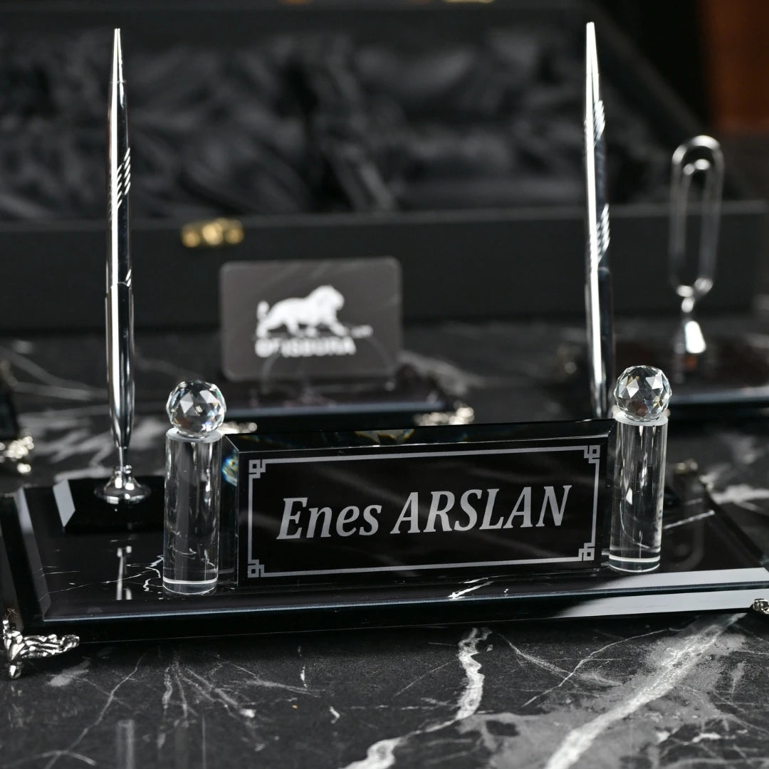 Zebra Black Deri Kutulu 6 Parça Kristal Masa Seti - İsme Özel VIP Ofis Hediyesi