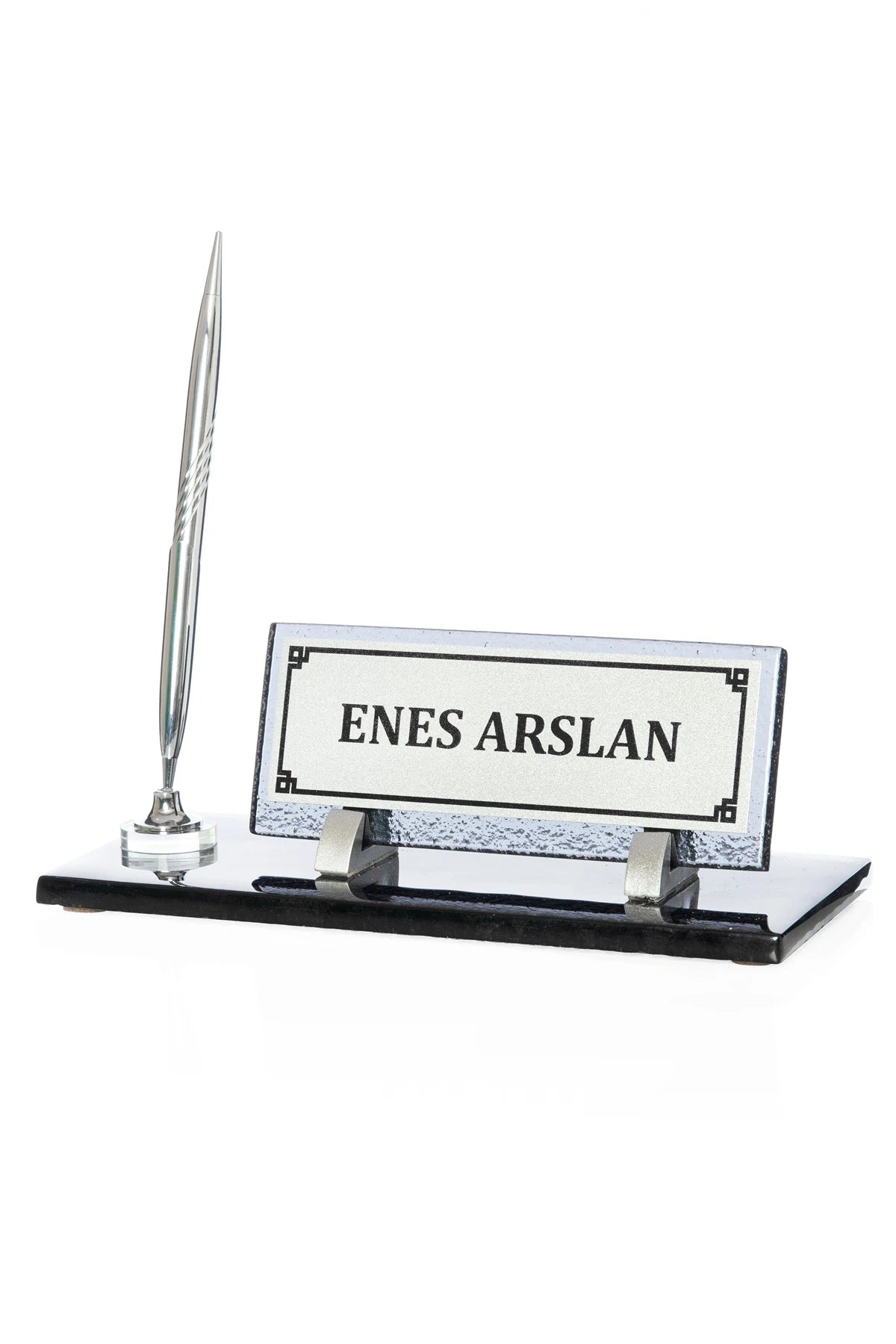 Kristal Cam Tek Kalemli Gümüş Masa İsimliği - Masa Üstü Ofis İsimlik