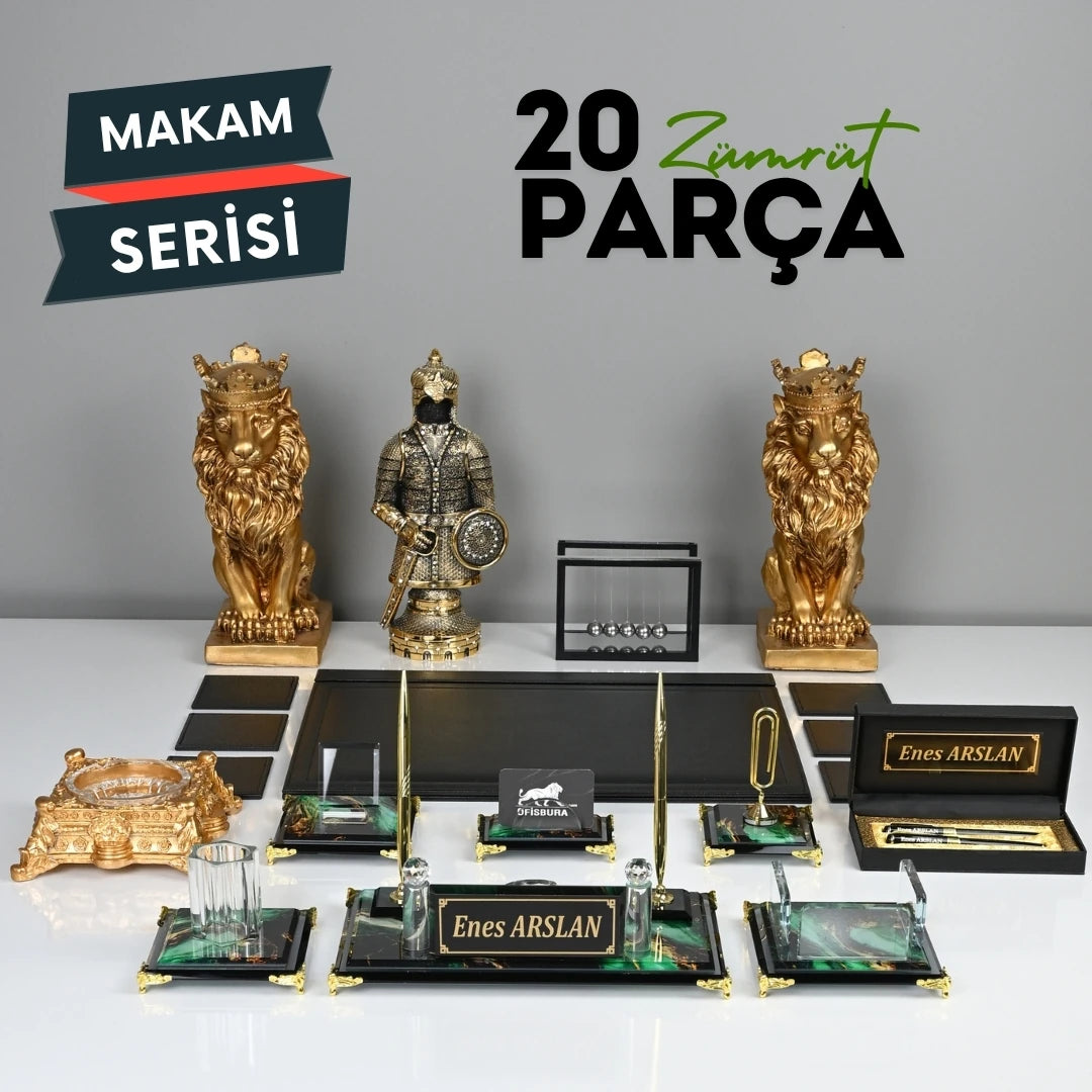 20 Parça Zümrüt Kristal Sümen Takımı ve Masa İsimliği Seti - Aslan & Zırh Biblolu