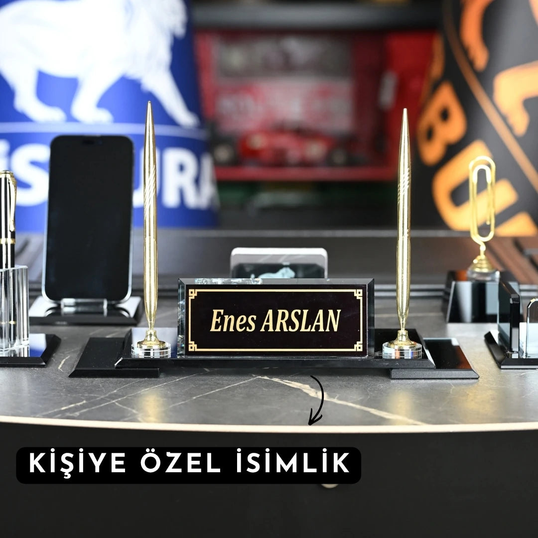 VIP 13 Parça Kristal Siyah Sümen Takımı - Kişiye Özel Masaüstü İsimlik Seti Altın Detaylı