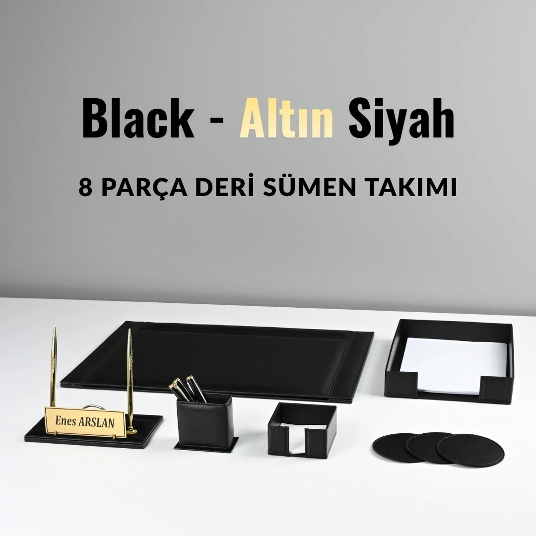 Black - Altın Siyah 8 Parça Deri Sümen Takımı