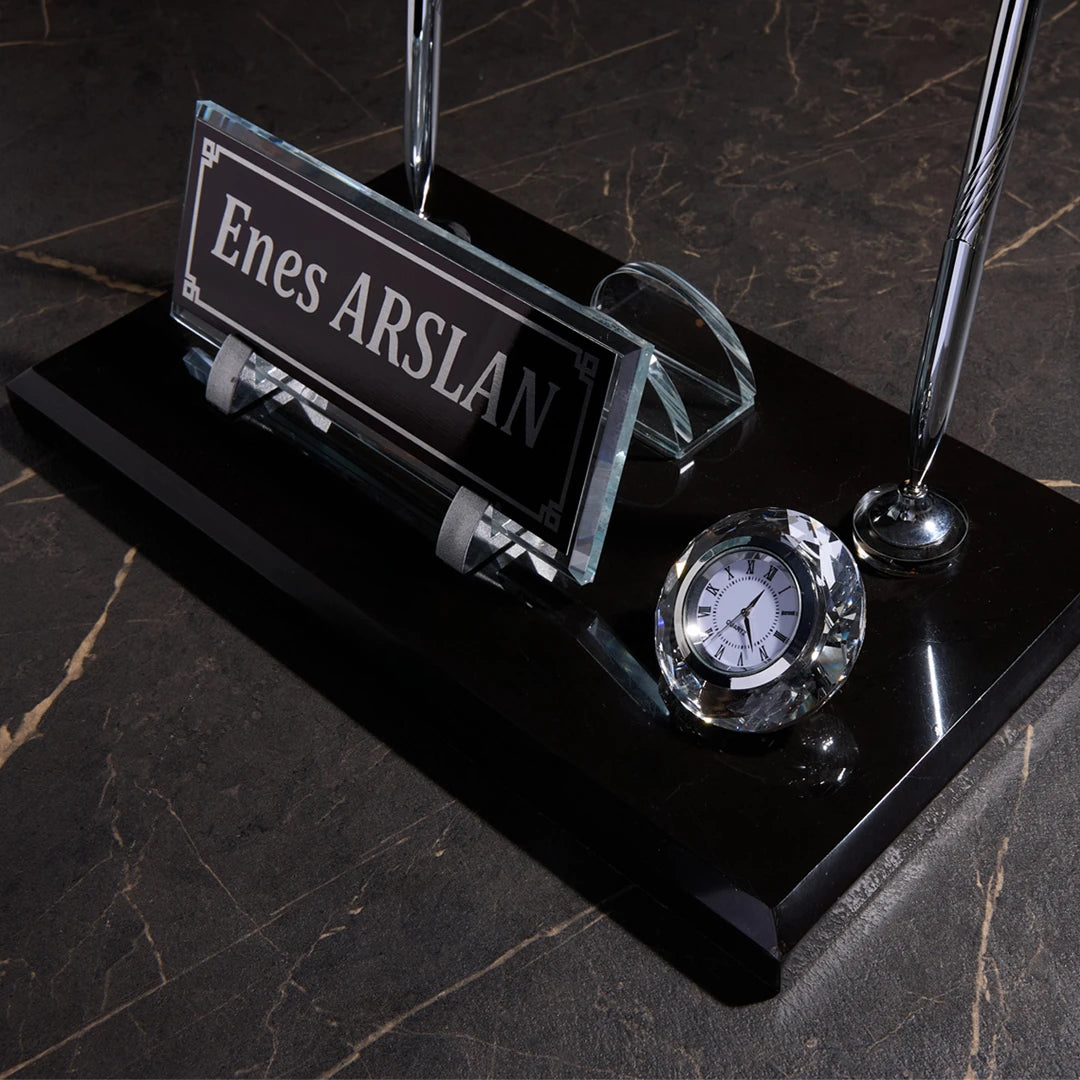 Signature Siyah Mermer Masaüstü İsimlik Seti Saatli Çift Kalemli - Kişiye Özel Masa İsimliği