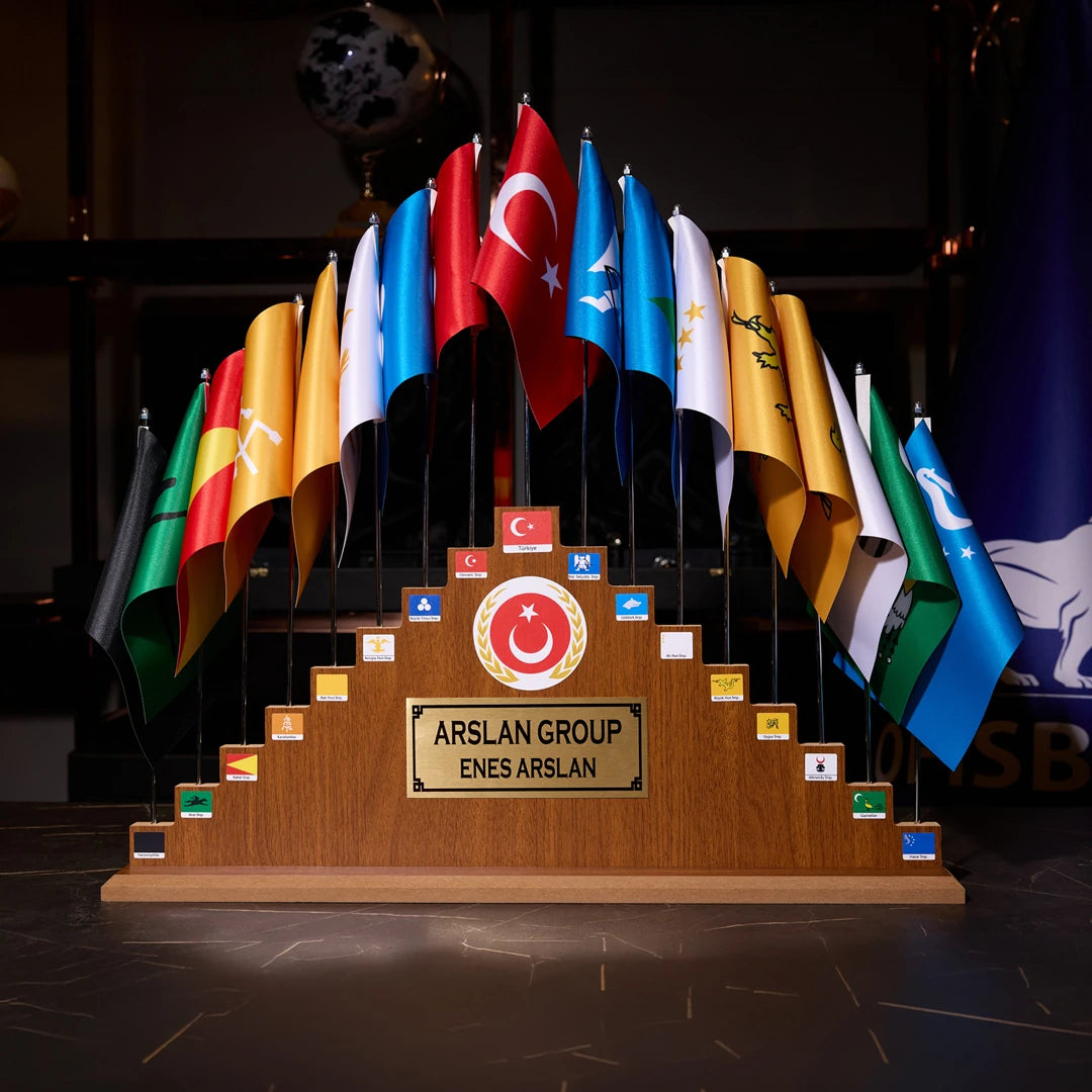 17'li Türk Devletleri Bayrak Seti Ahşap Kaide - Kişiye Özel (70 × 50 cm)