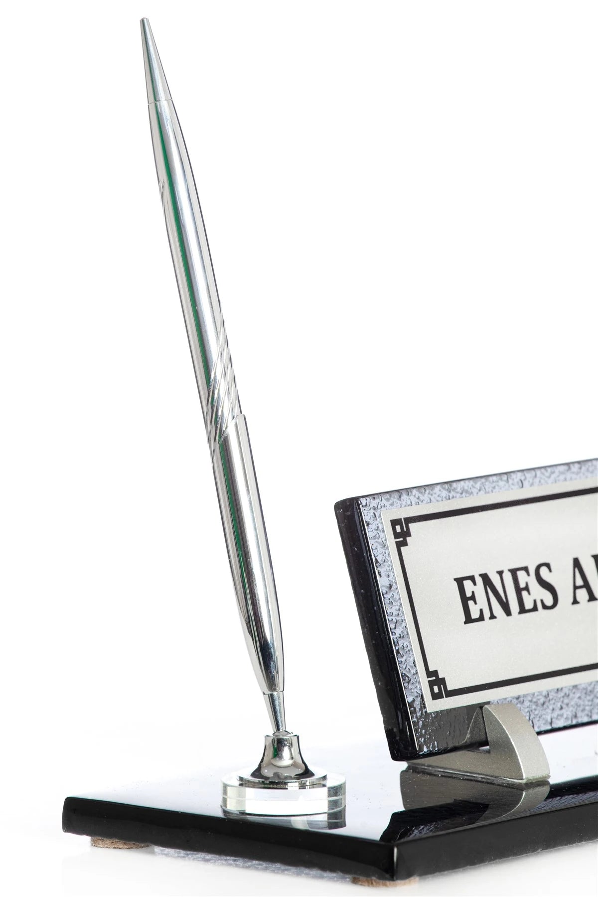 Kristal Cam Tek Kalemli Gümüş Masa İsimliği - Masa Üstü Ofis İsimlik