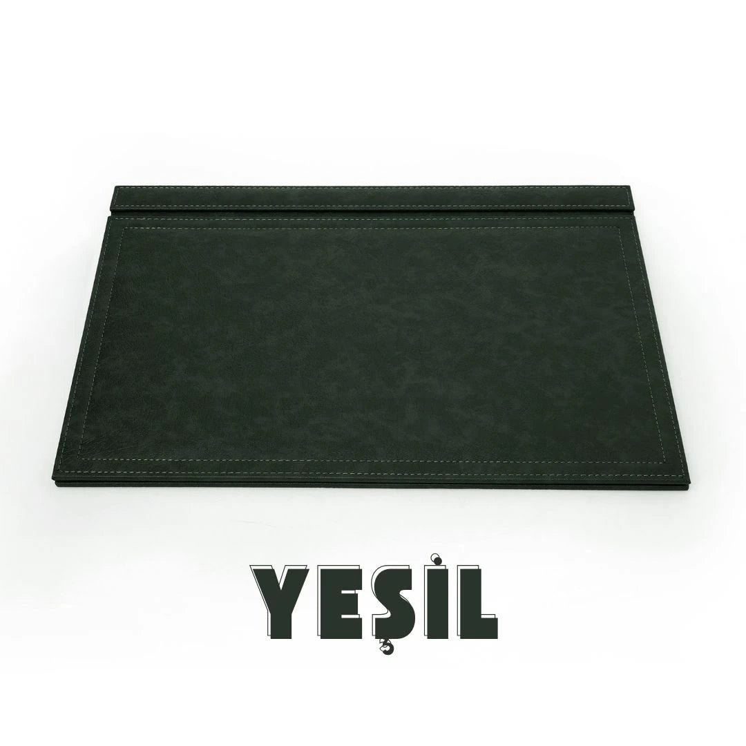 Kapaklı Büyük Deri Sümen Takımı - Yeşil | 50x35 cm  ( 4 Adet Bardak Altlığı Hediyeli )