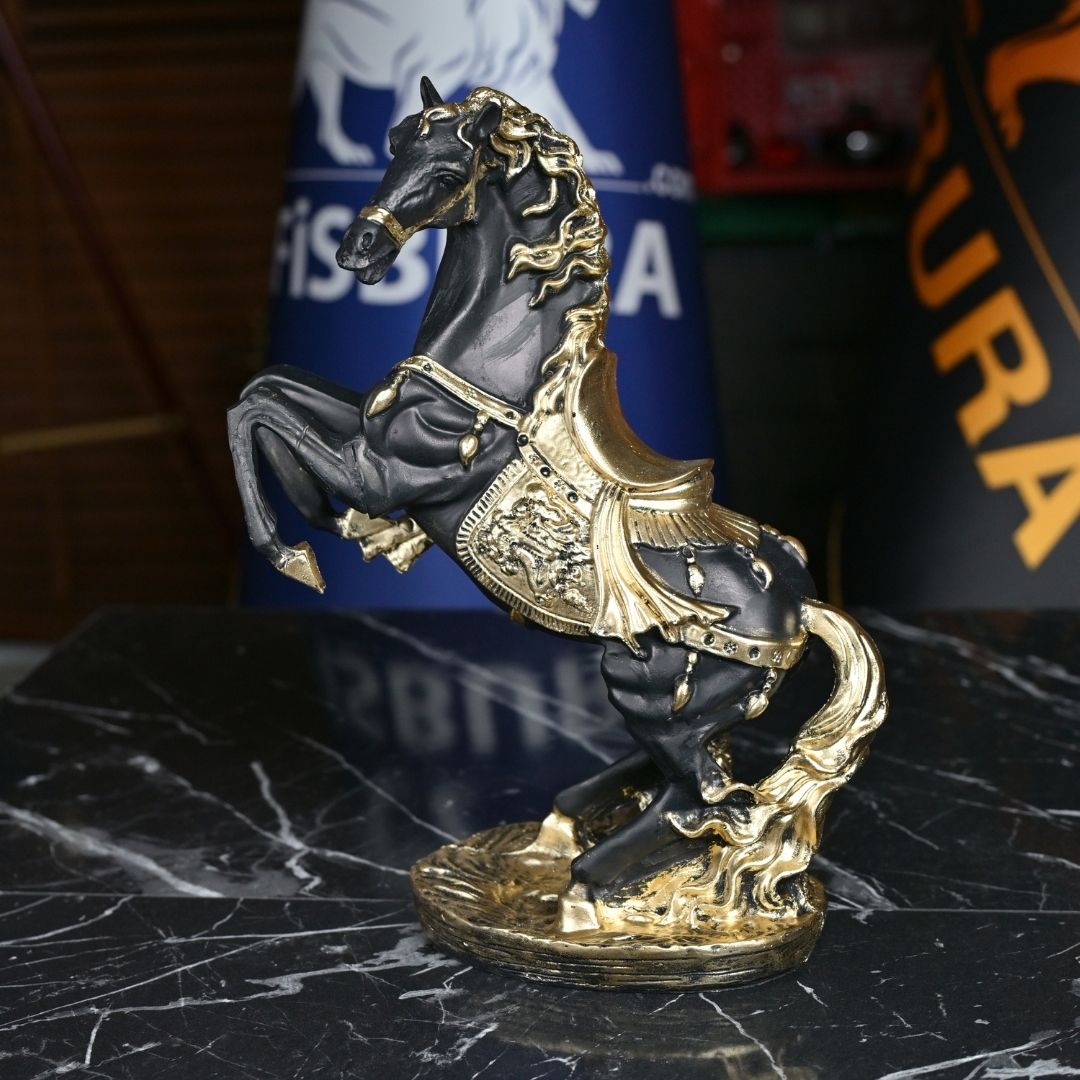 Şahlanan At Heykeli Siyah Gold - 45 cm Büyük Boy Lüks Ofis Aksesuarı