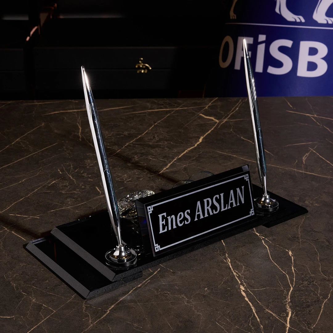 VIP Siyah Kristal Masa İsimliği - Çift Kalemli Saatli Lüks Ofis İsimliği