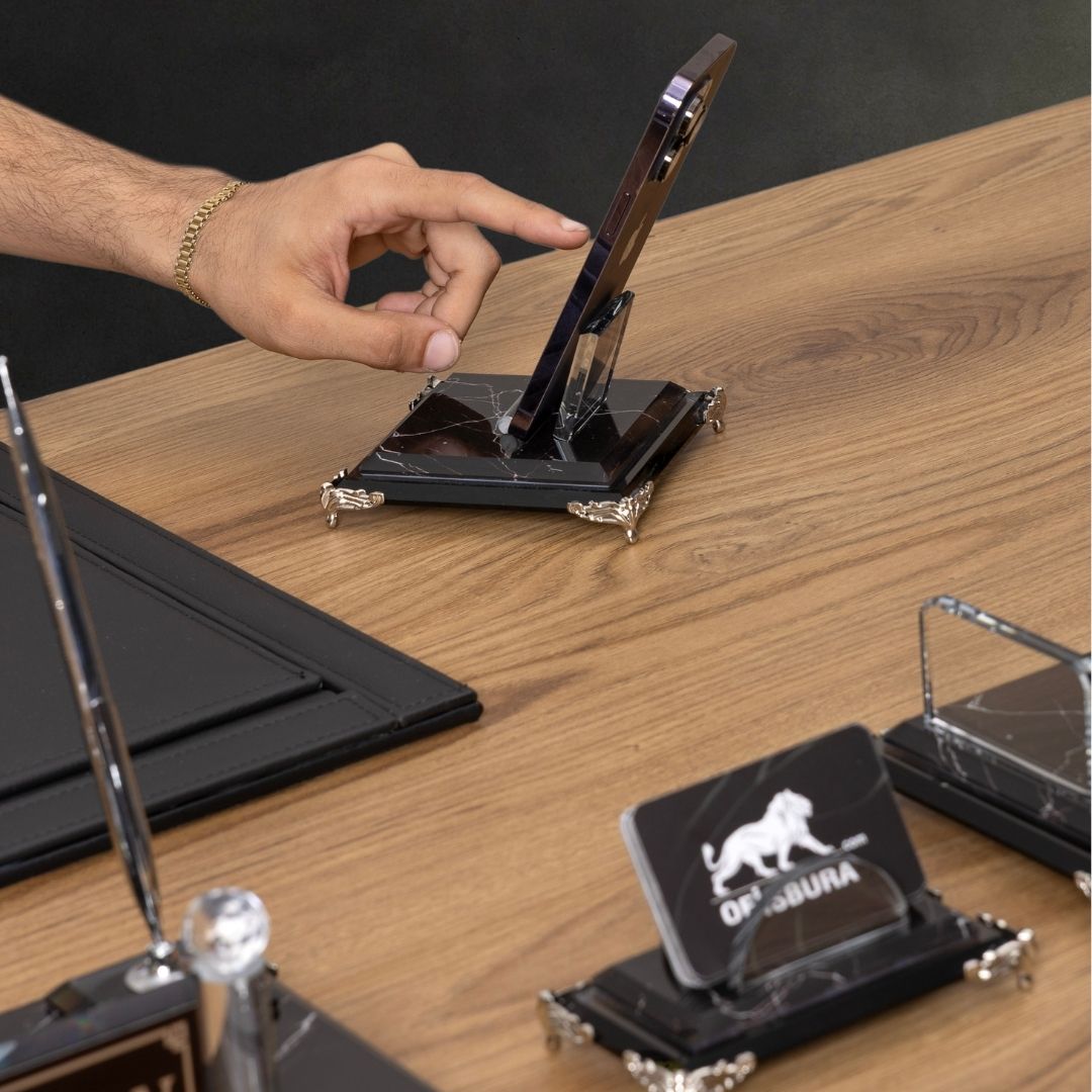 Kişiye Özel Kristal Masa İsimliği Seti – 7 Parça Premium Ofis Takımı  - Zebra Black