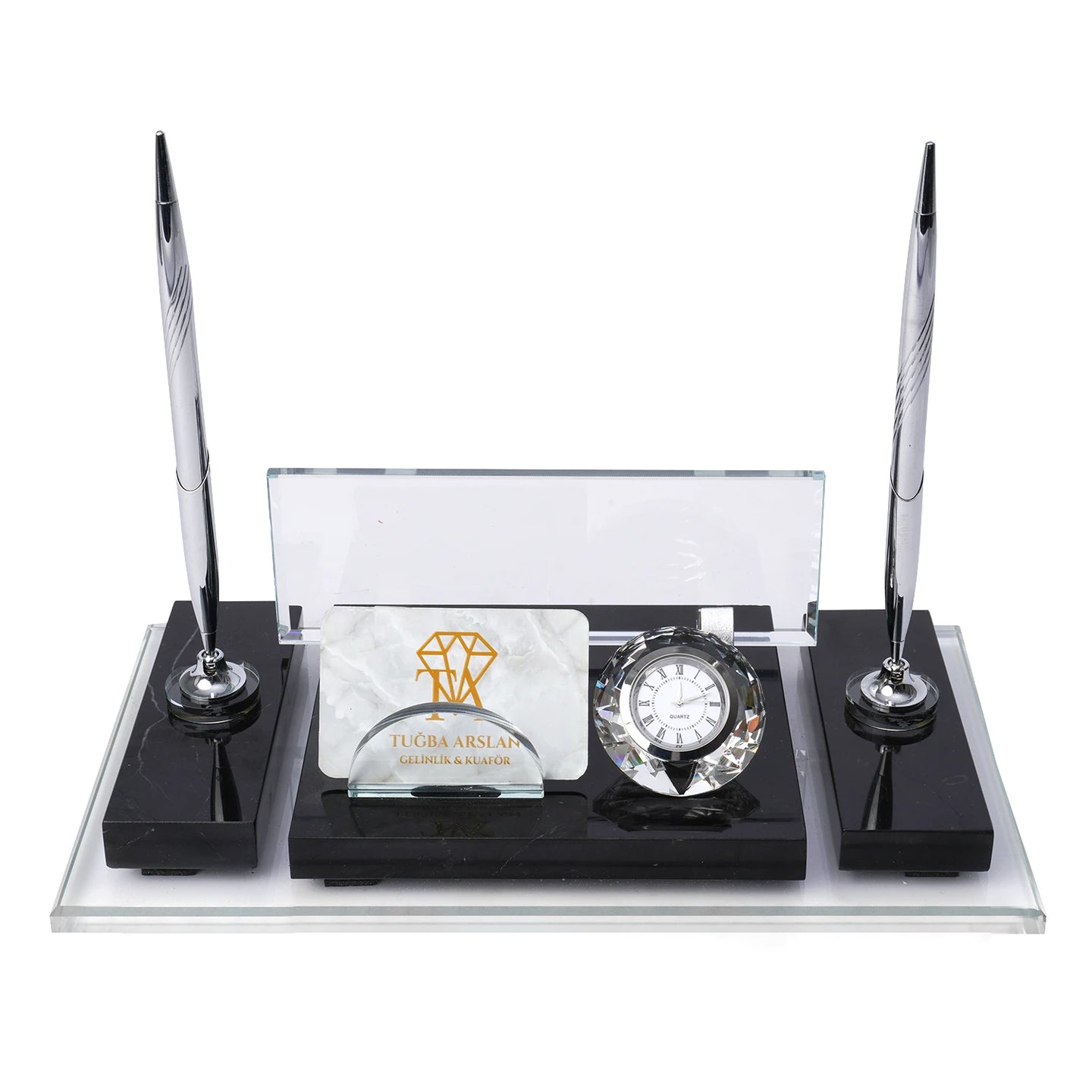 Efes Siyah Mermer Masa İsimliği | Gümüş Aksesuarlı Lüks Set - 30 × 16 Cm