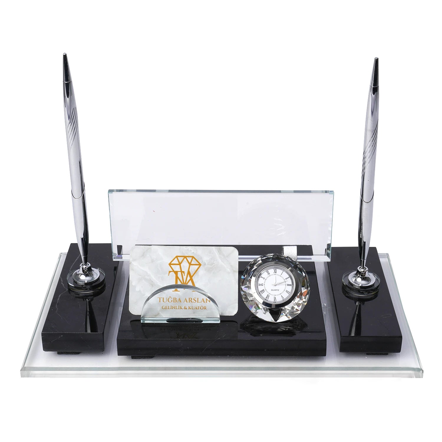 Efes Siyah Mermer Masa İsimliği | Gümüş Aksesuarlı Lüks Set - 30 × 16 Cm