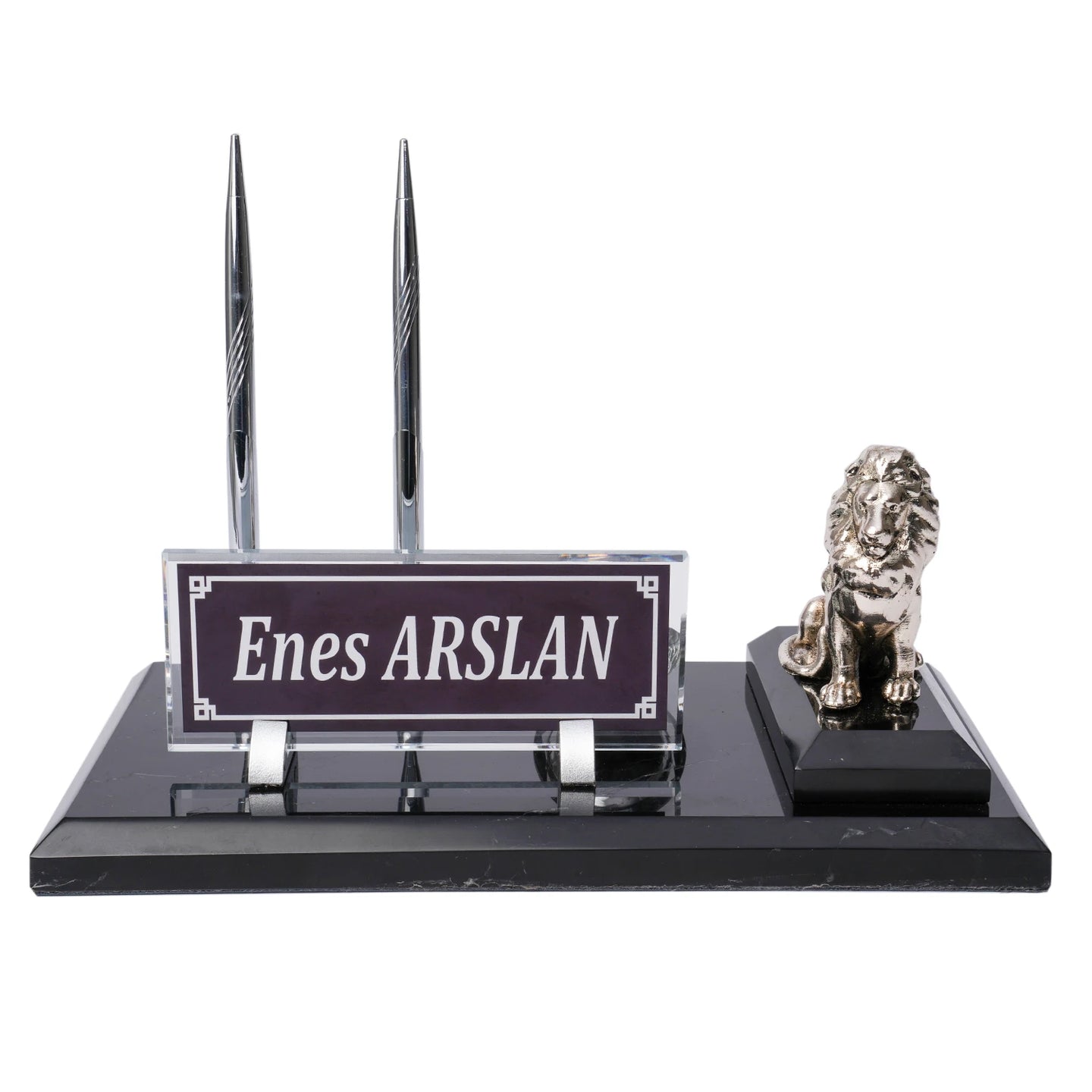 Aslan Figürlü Mermer Masa İsimliği – Siyah | Kişiye Özel Prestij İsimlik