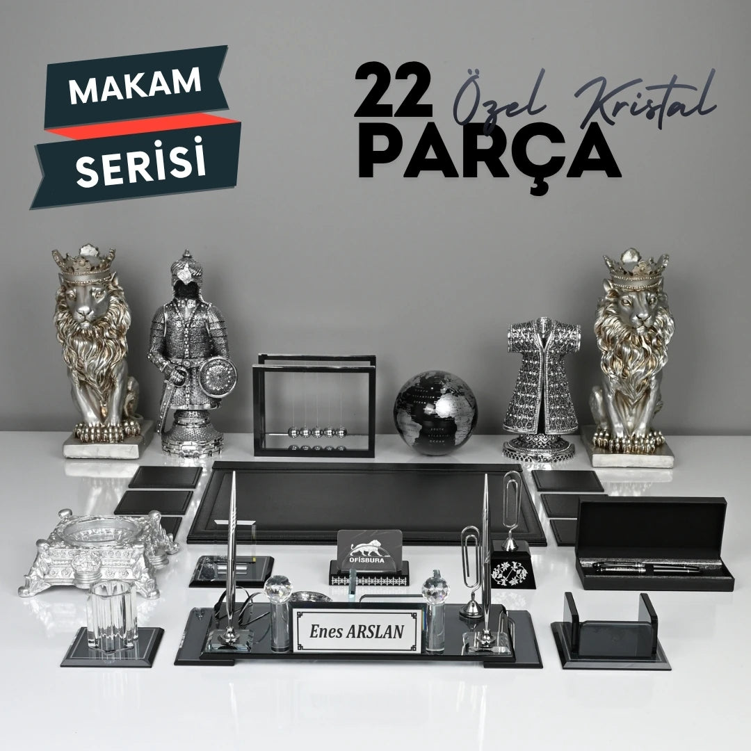 22 Parça Siyah Kristal Sümen Takımı ve Masa İsimliği Seti - Gümüş Detaylı