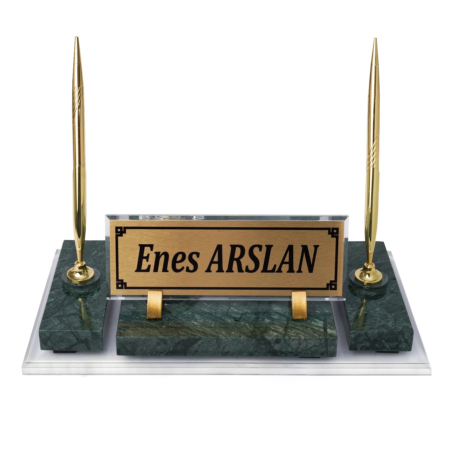 Efes Zümrüt Yeşil Mermer Masa İsimliği | Altın Aksesuarlı Lüks Set - 30 × 16 Cm
