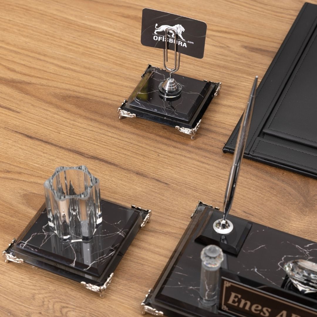 Kişiye Özel Kristal Masa İsimliği Seti – 7 Parça Premium Ofis Takımı  - Zebra Black