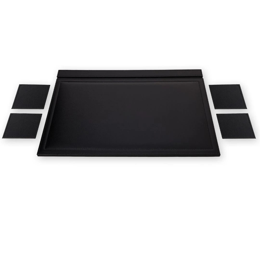 Kapaklı Büyük Deri Sümen Takımı - Siyah | 50x35 cm (4 Adet Bardak Altlığı Hediyeli)
